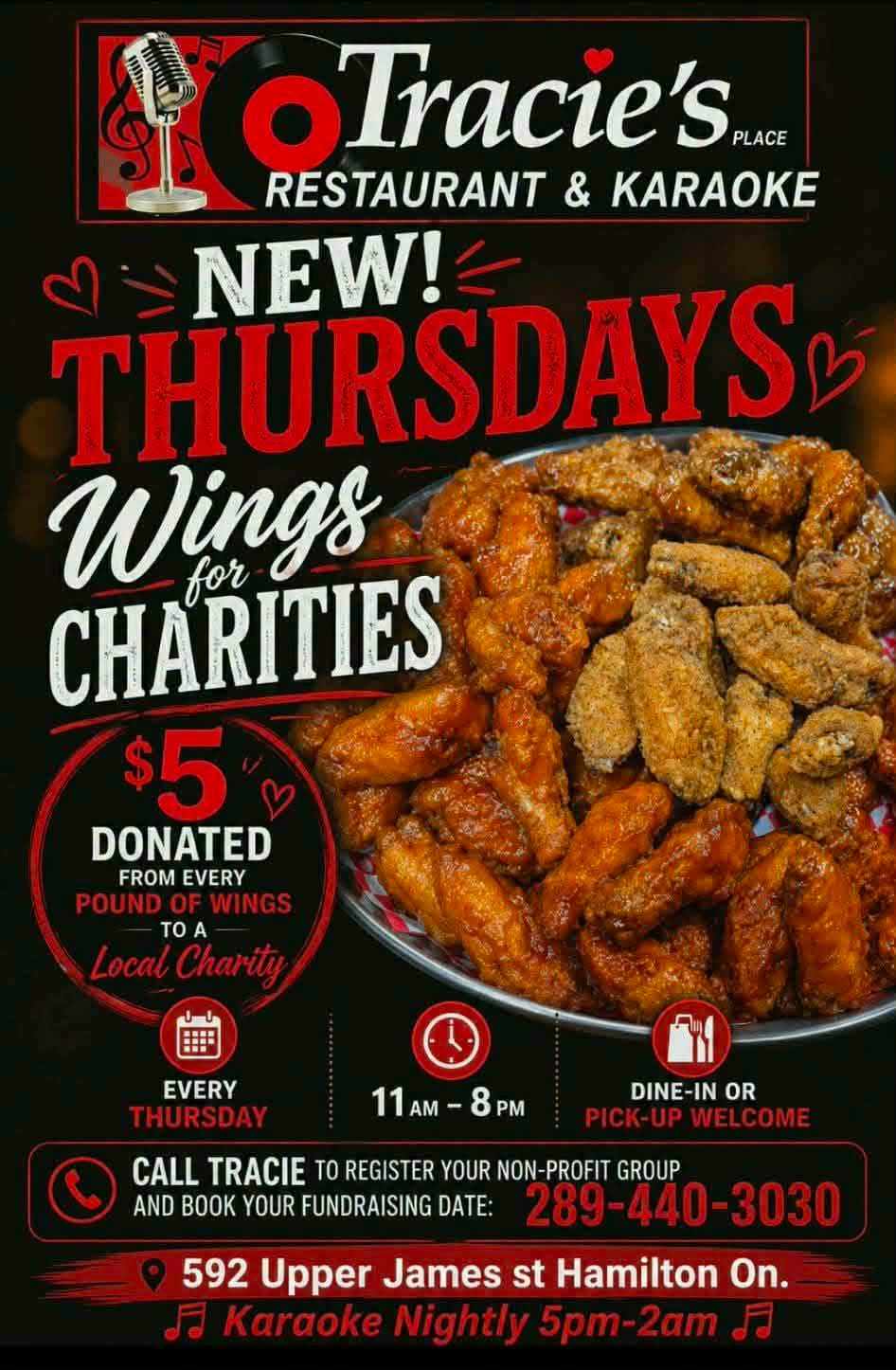 Wings for Charity at Tracie's Place - $5 donated per pound